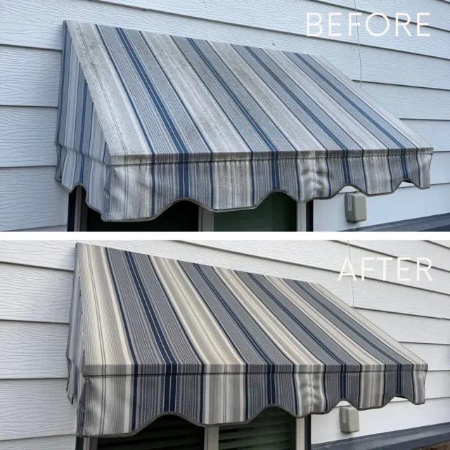 Striped canvas awning before and after — mildew removed
