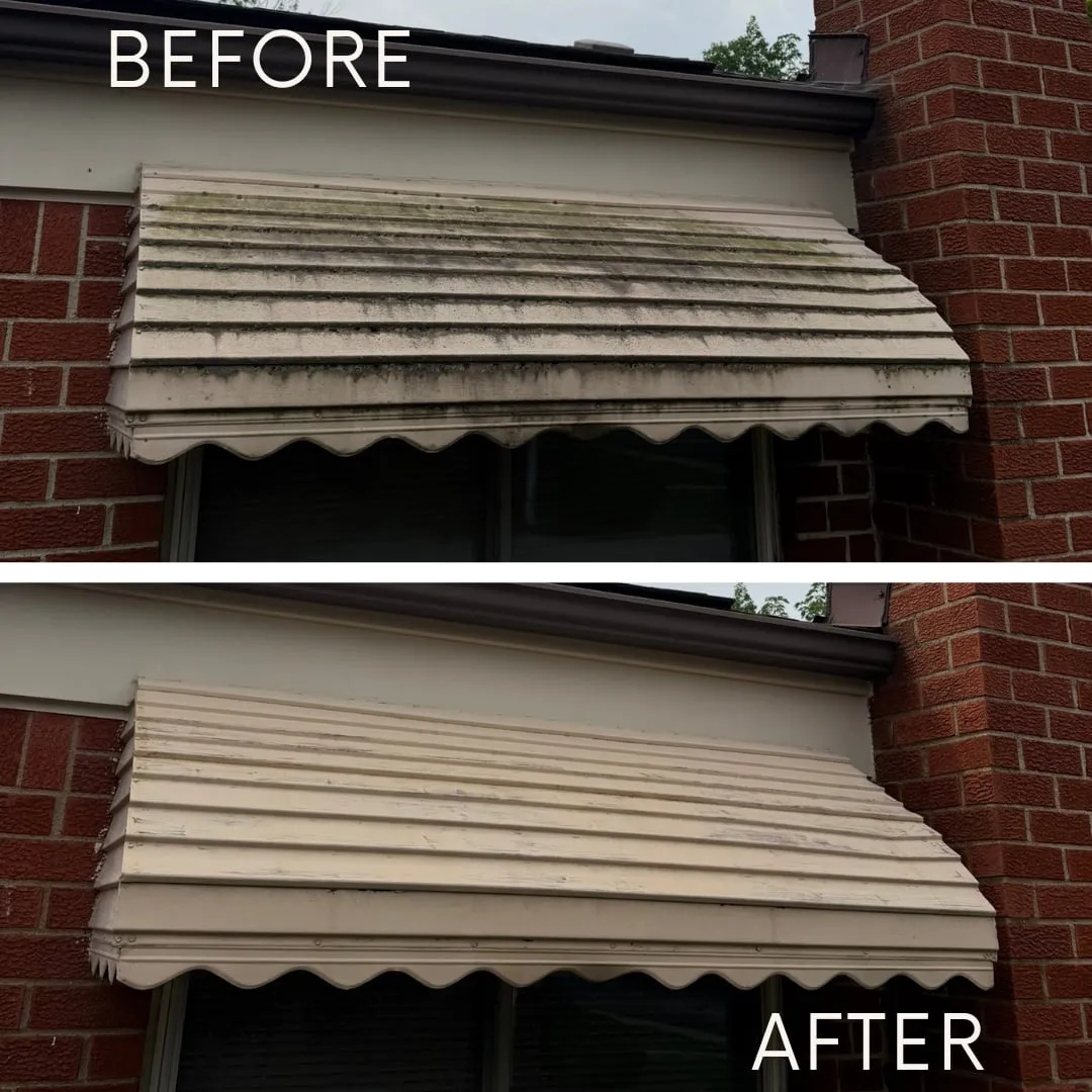 Aluminum awning before and after — dirt and mildew lifted