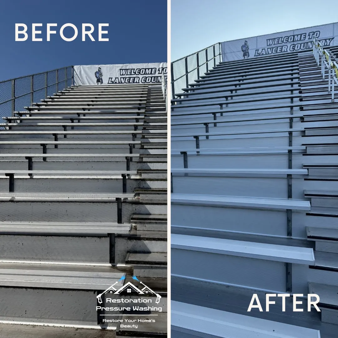 Stadium bleacher stairs before and after pressure washing