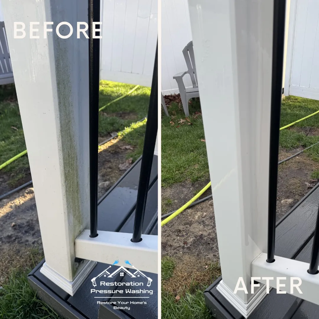 Deck railing and posts before and after — green film removed