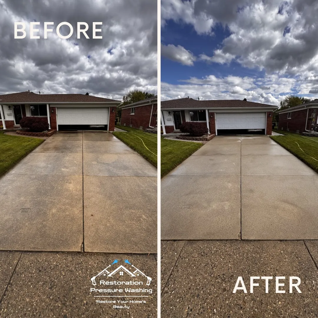 Front driveway of a brick ranch before and after concrete cleaning