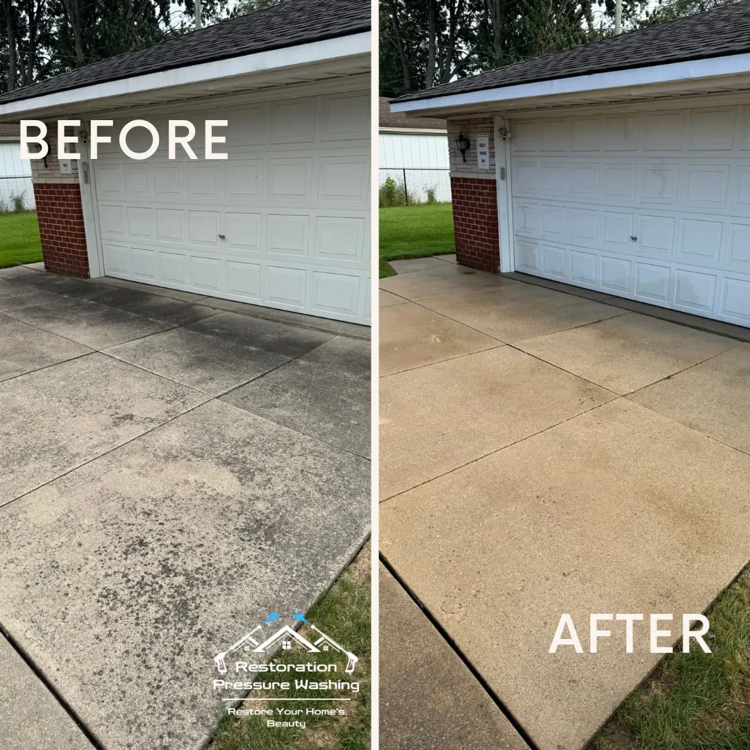 Concrete garage apron before and after pressure washing