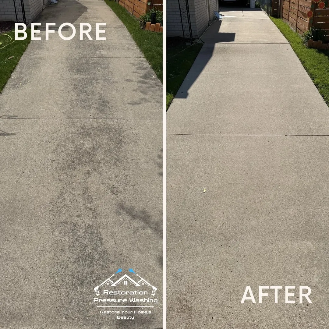 Long concrete side driveway before and after pressure washing