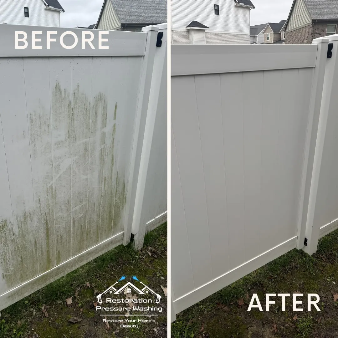 White vinyl privacy fence before and after — algae washed away