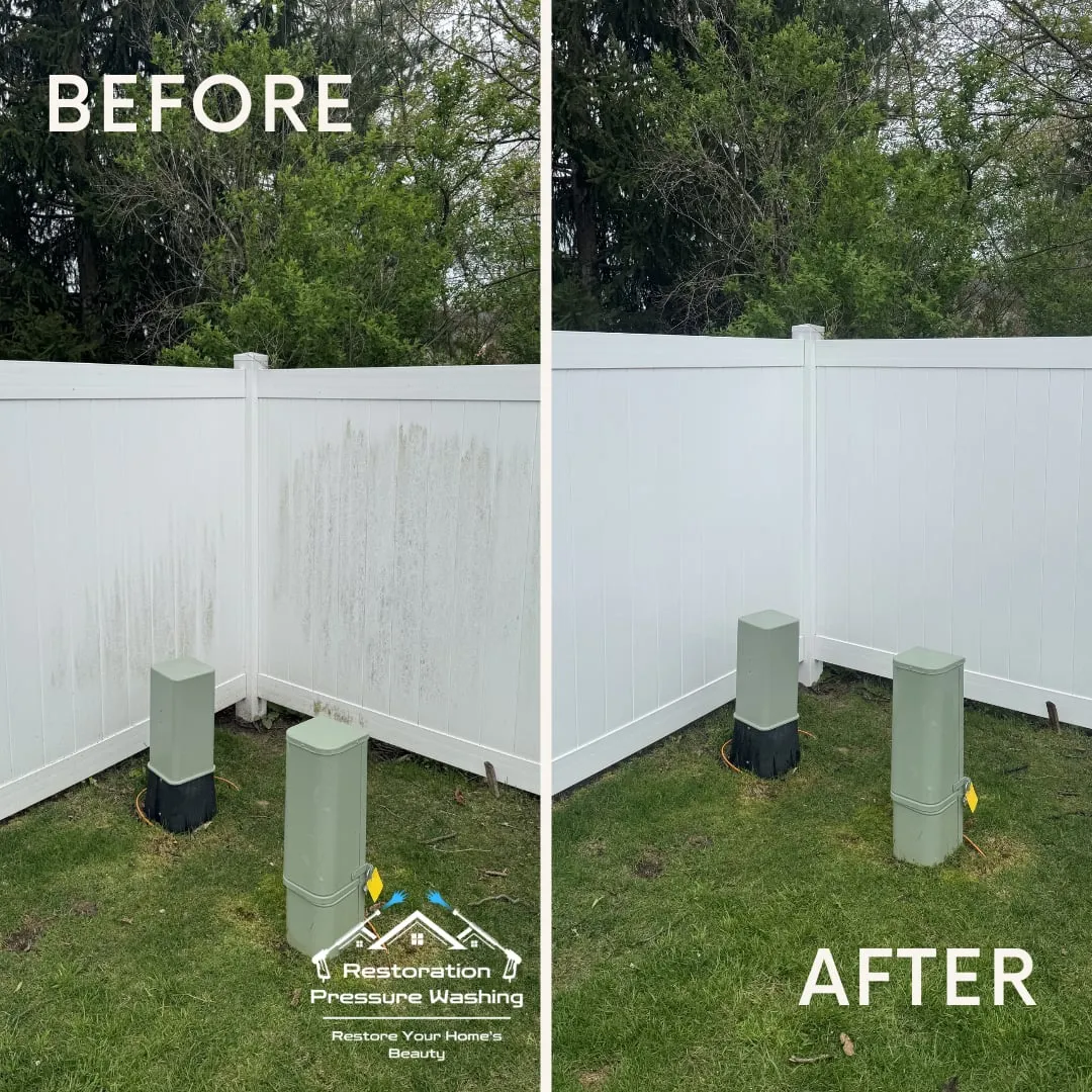 Vinyl fence panels before and after a soft wash