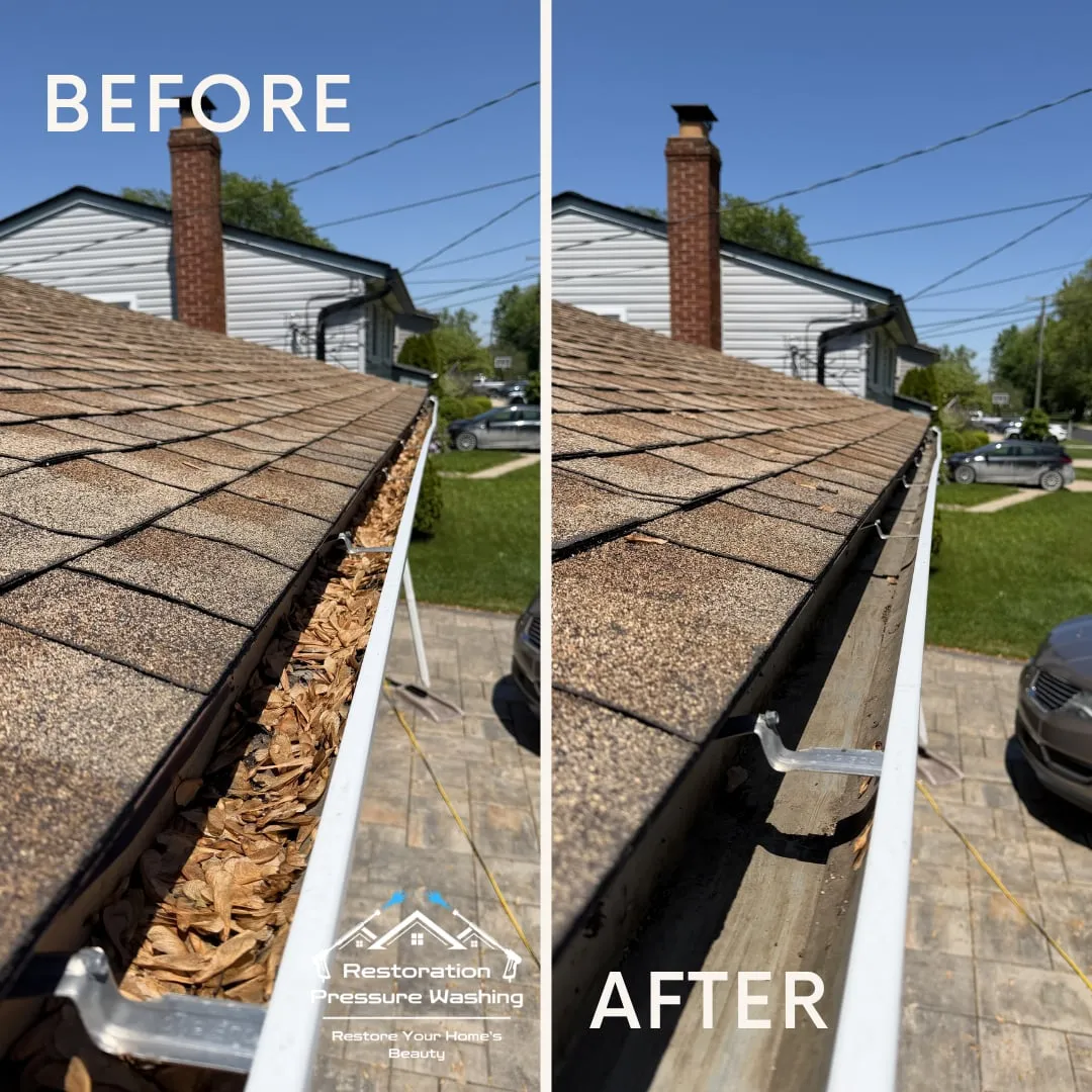 Gutter cleaning before and after — leaves and debris cleared