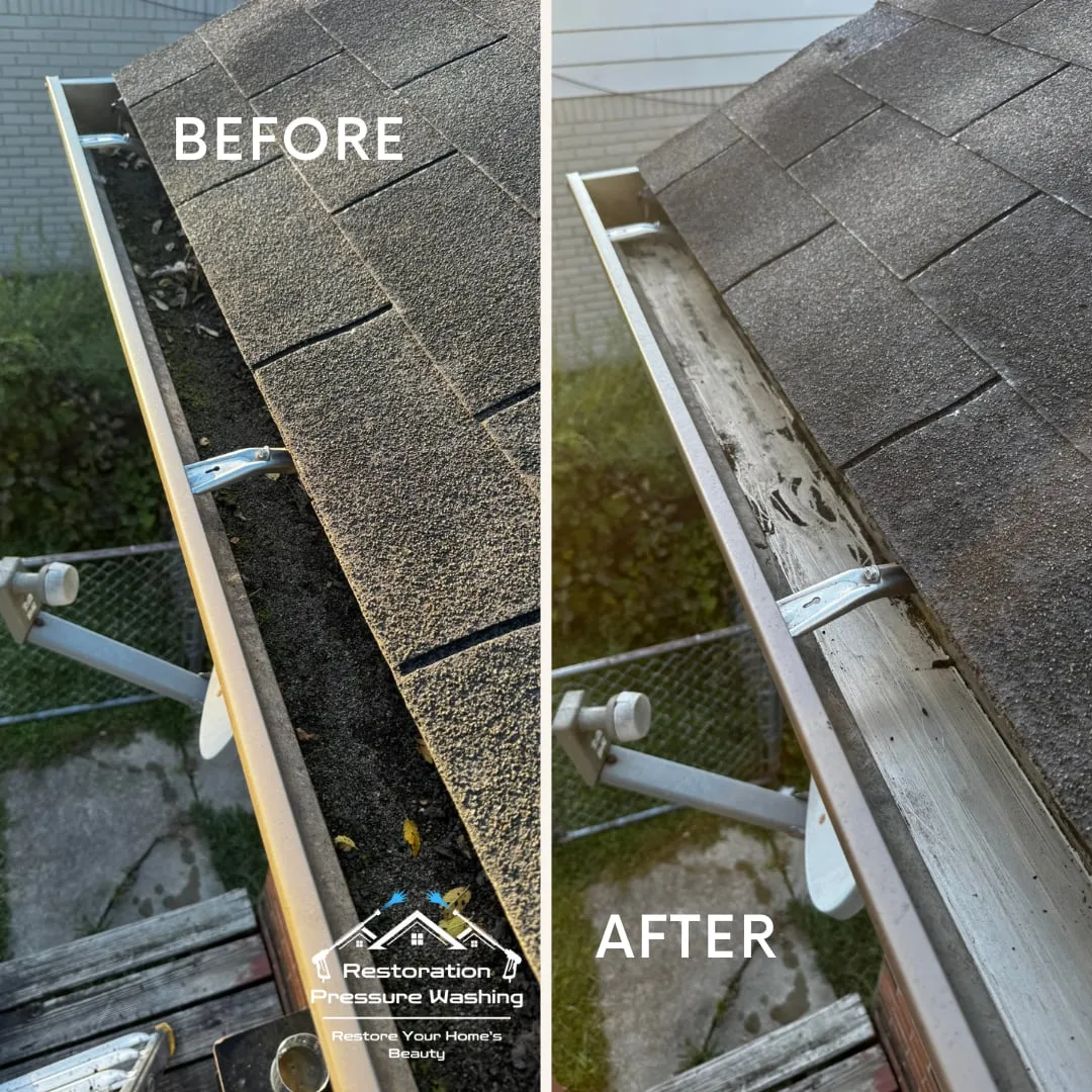 Gutter and downspout inlet before and after cleaning