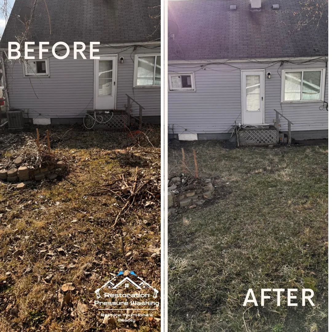 Leaves piled along the roof edge cleared from the gutter — before and after