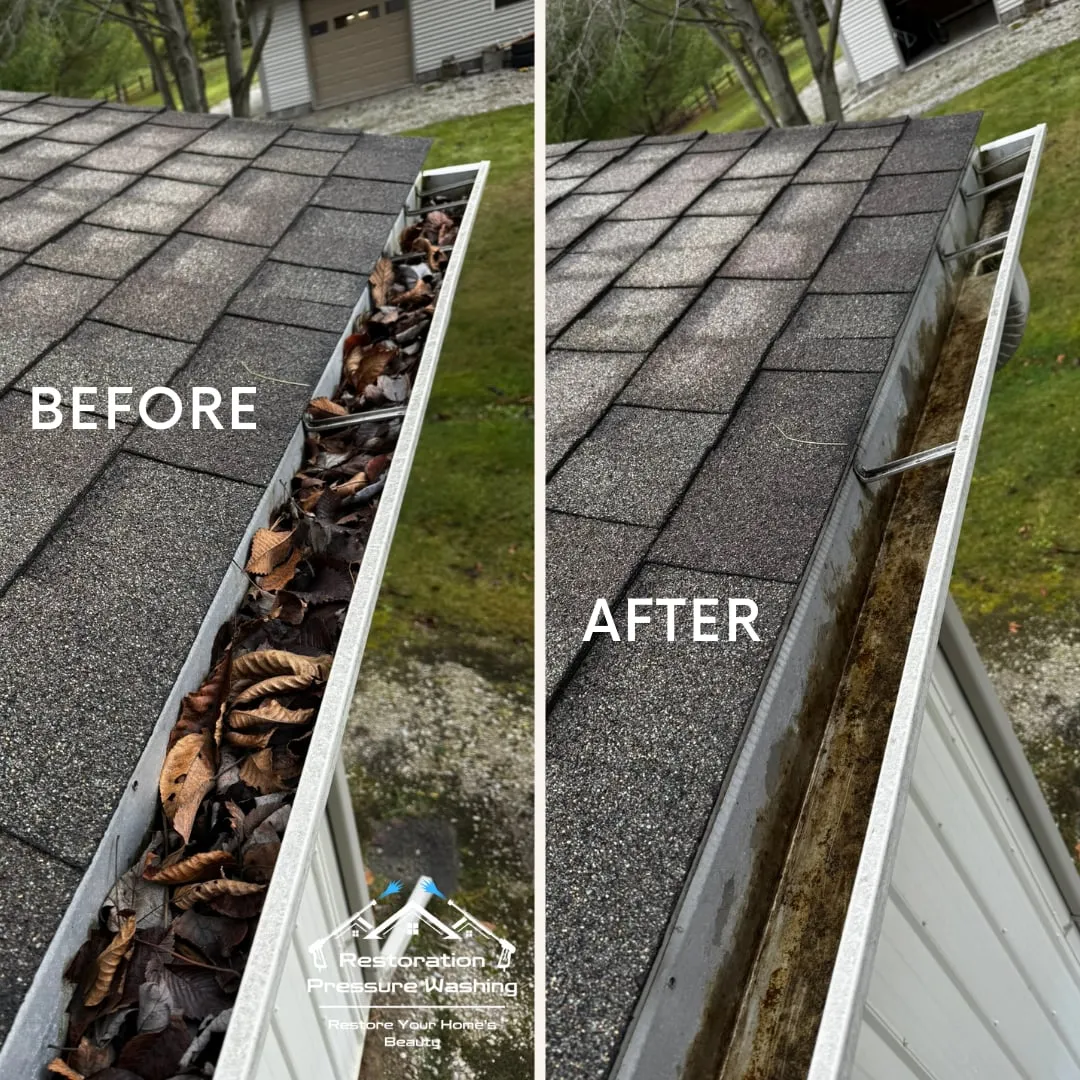 Leaf-packed gutter cleared by hand — before and after