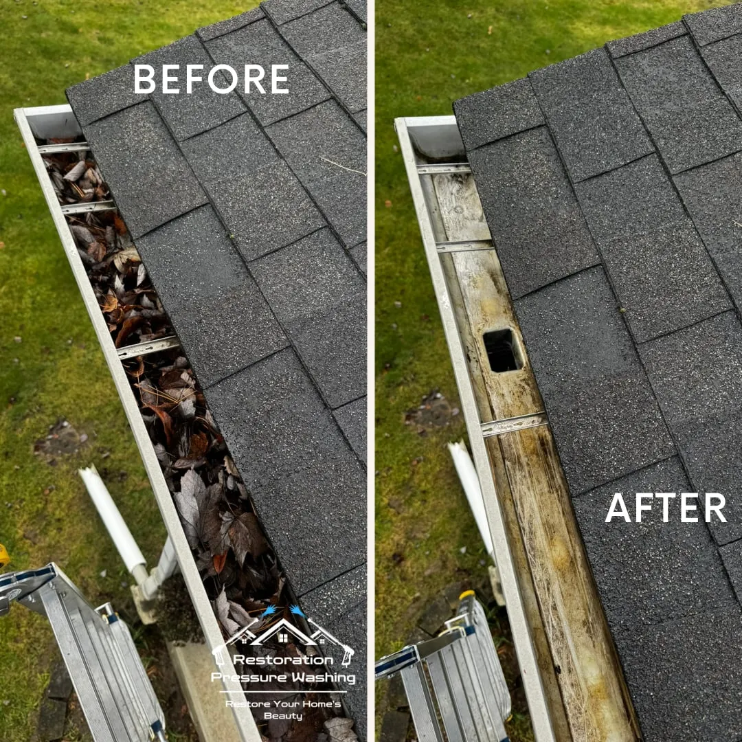 Gutter clogged with leaves and shingle grit, before and after cleaning