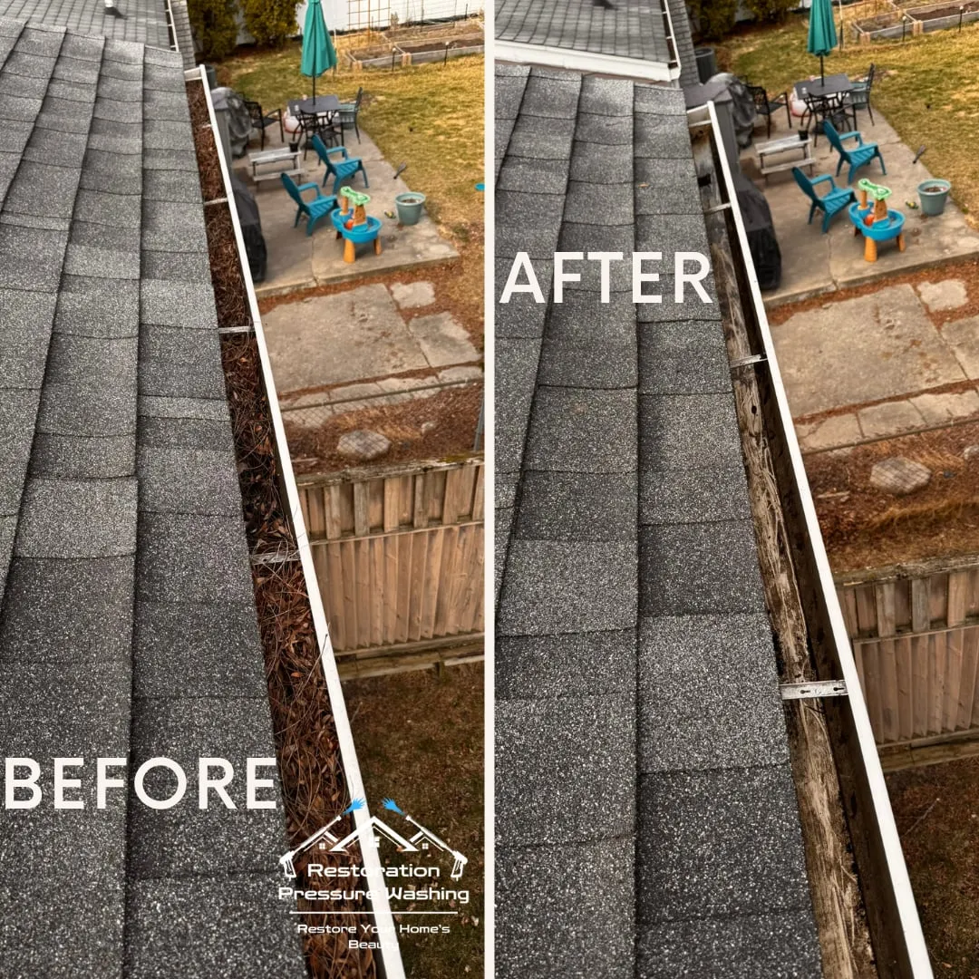 Roofline gutter before and after clearing, patio below