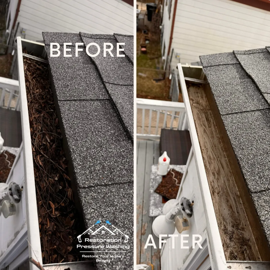 Gutter full of decomposed leaves before and after hand cleaning