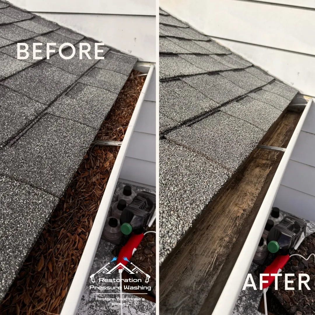 Corner gutter before and after clearing — water flowing again