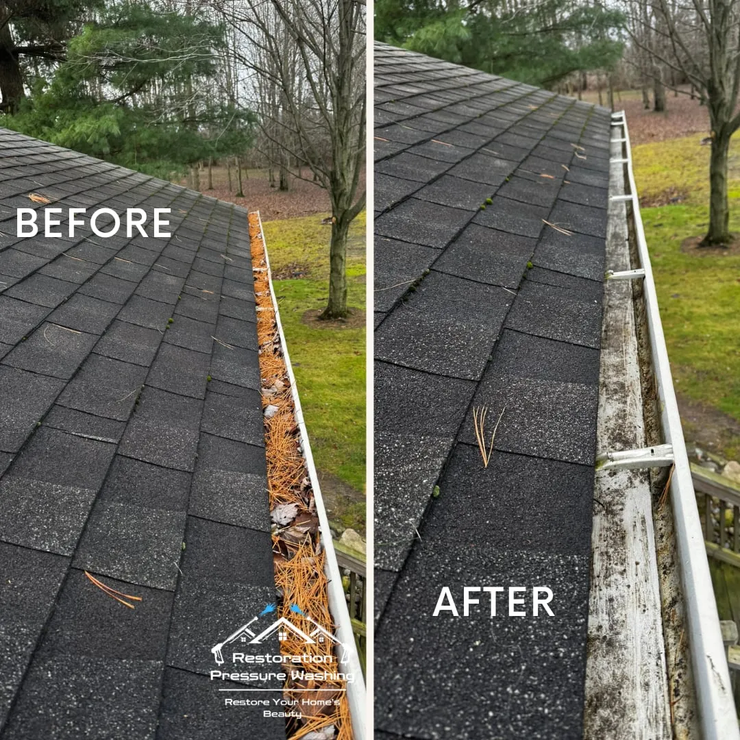 Pine needles and debris cleared from a gutter — before and after