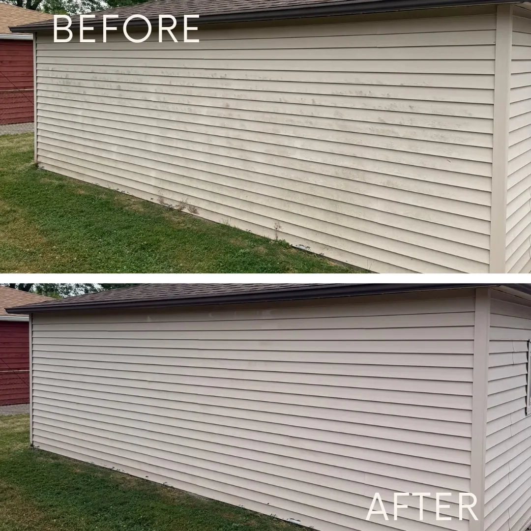Siding before and after a soft wash — mildew and streaks gone