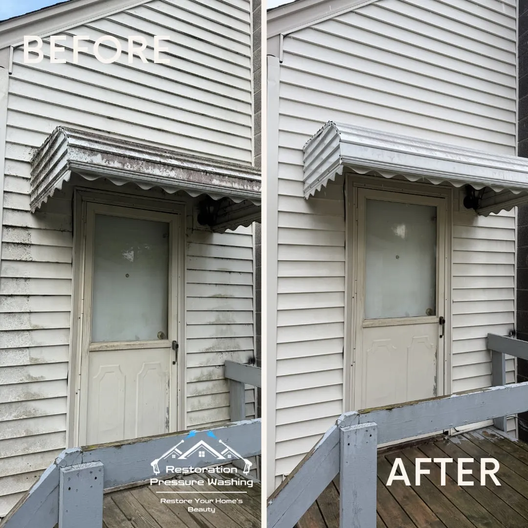 Back door, awning and siding before and after house washing