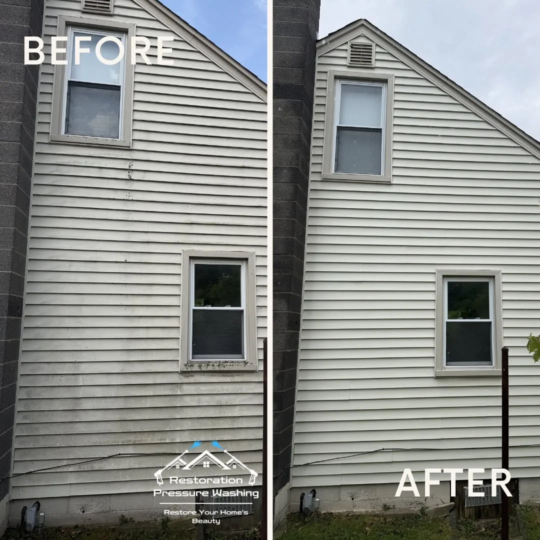 Two-story vinyl gable end before and after a soft wash