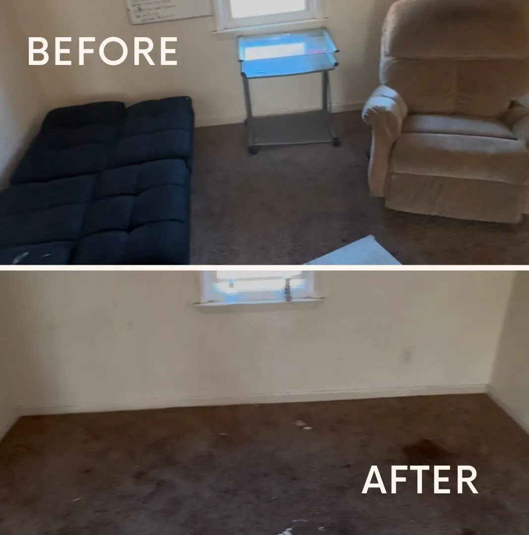 Junk removal before and after — old couch and recliner hauled away