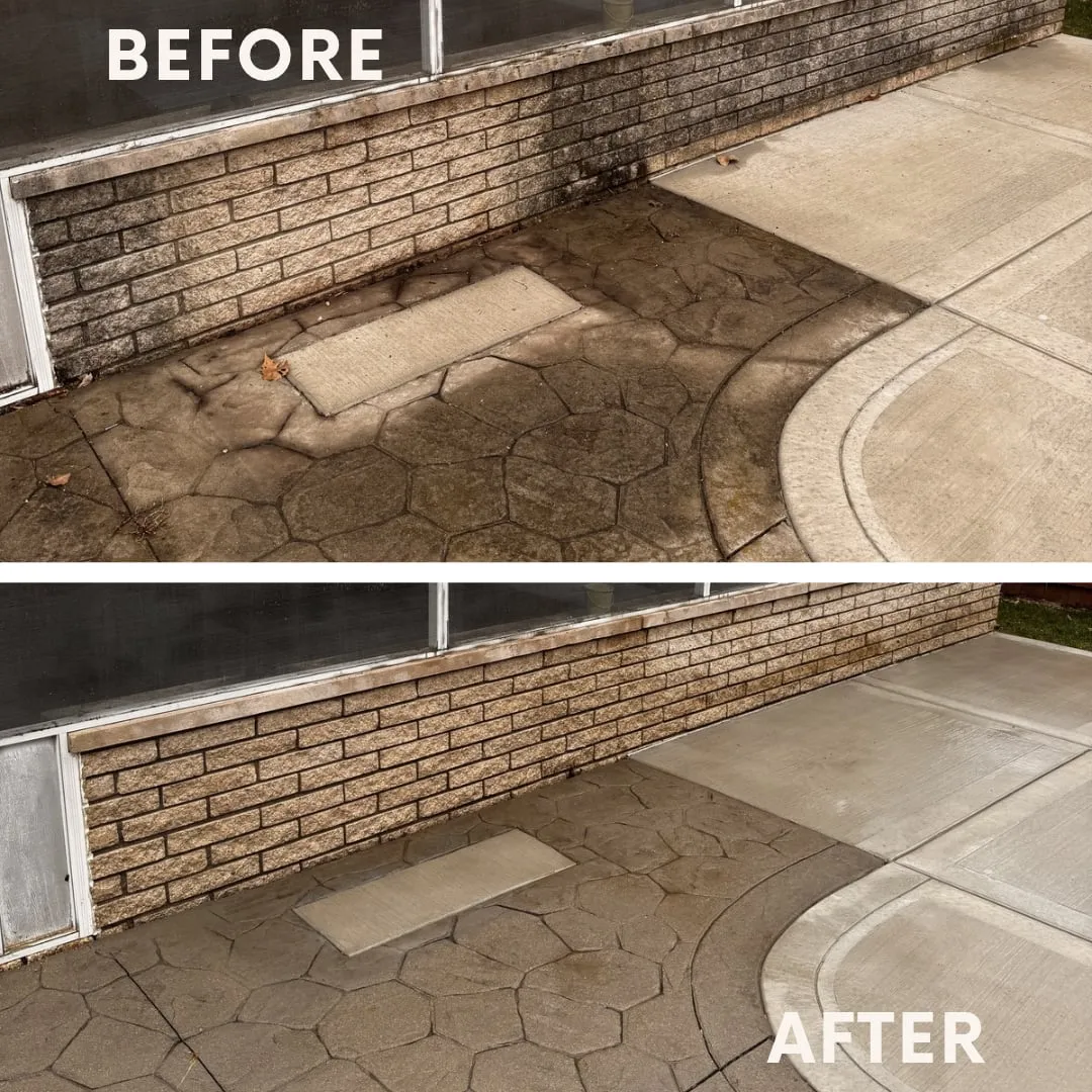 Block wall and stamped concrete patio before and after cleaning