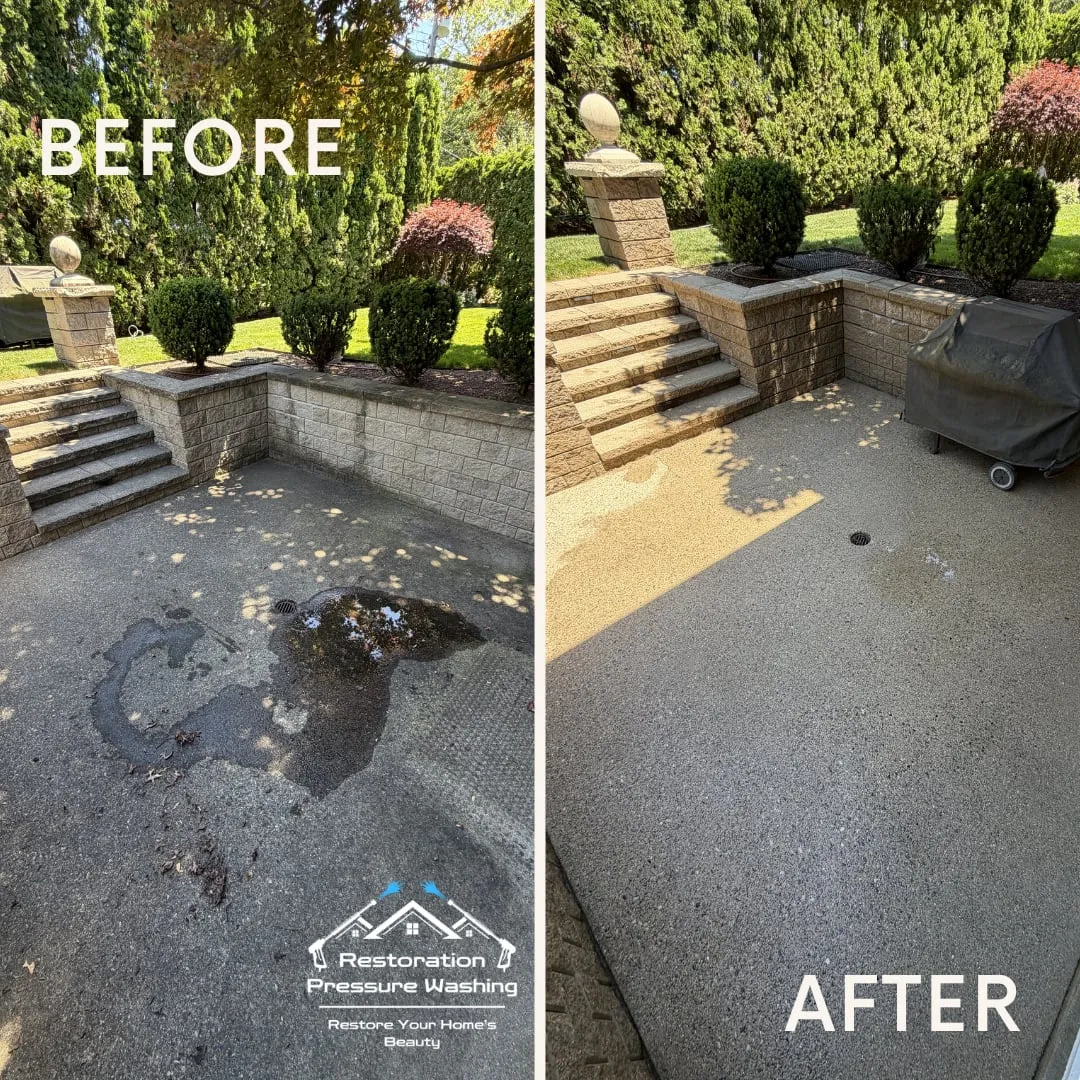 Stained concrete patio and steps before and after cleaning