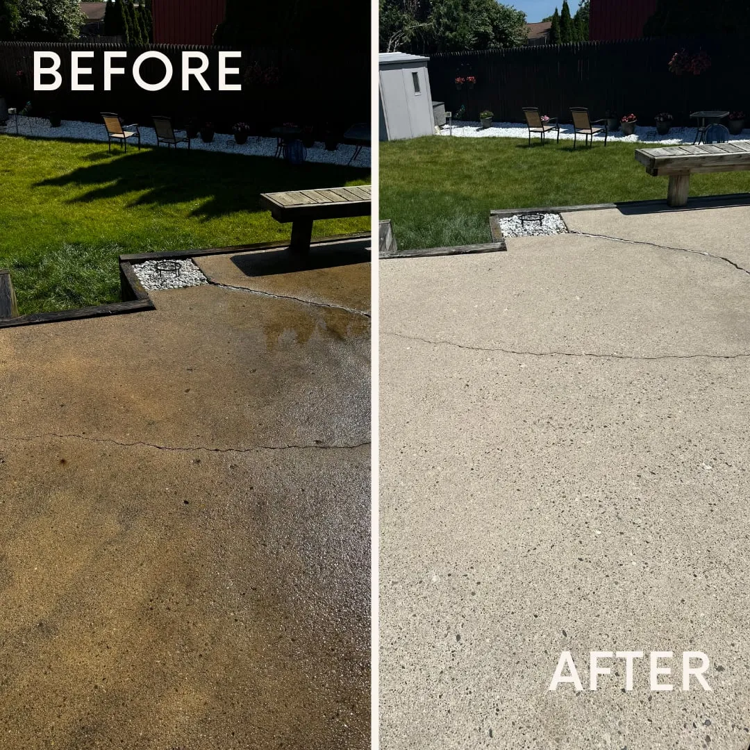 Patio slab before and after — years of buildup lifted