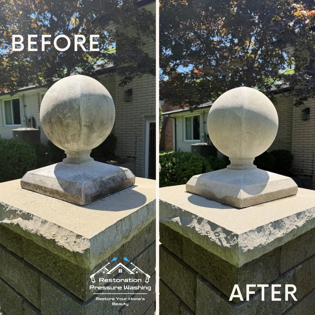 Stone pillar cap before and after — lichen and grime removed