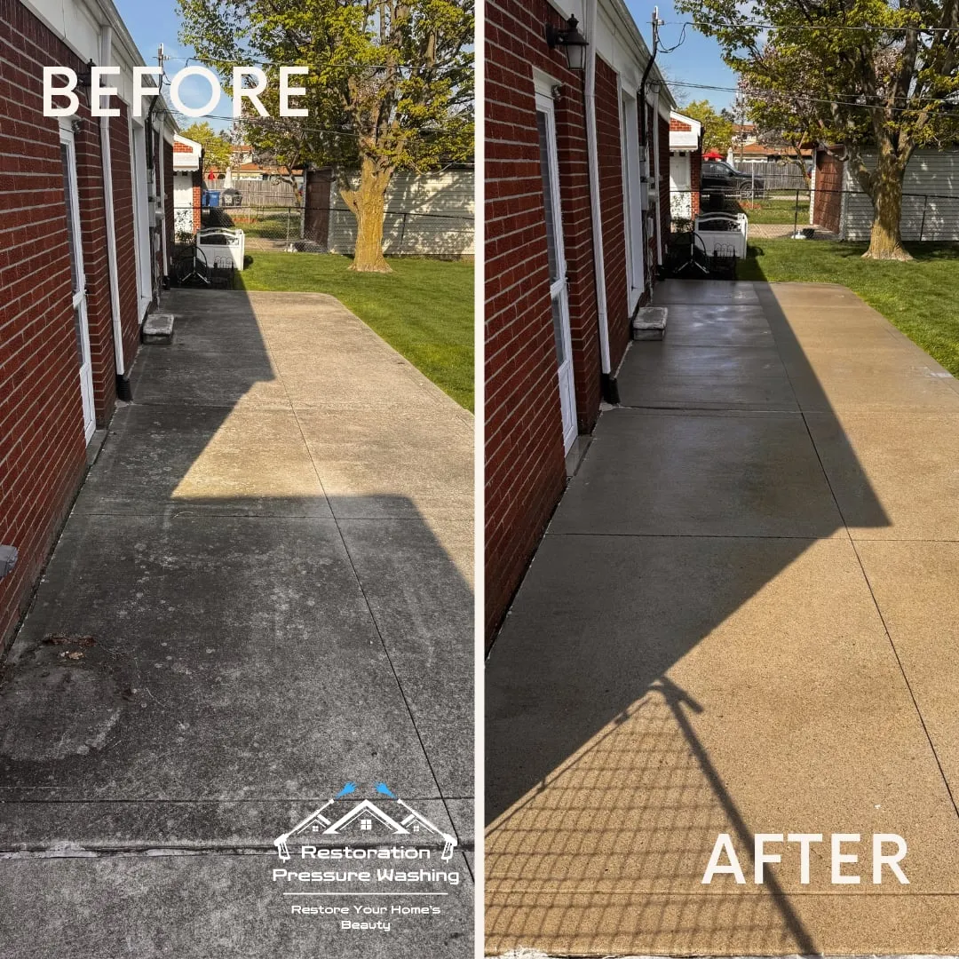 Concrete side patio beside a brick home before and after cleaning
