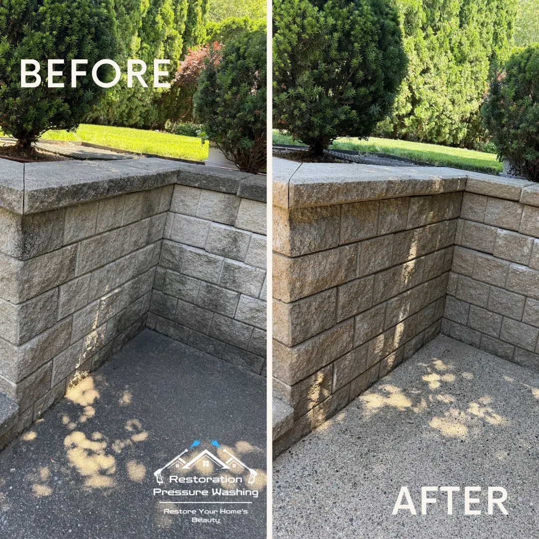Block retaining wall before and after cleaning