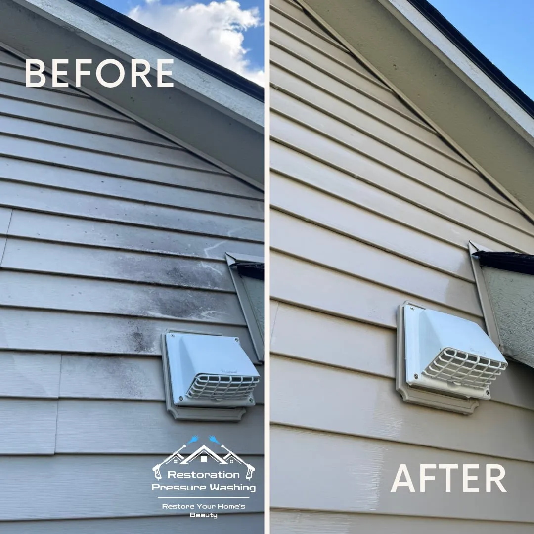 Soot stain removal on vinyl siding around a dryer vent — before and after