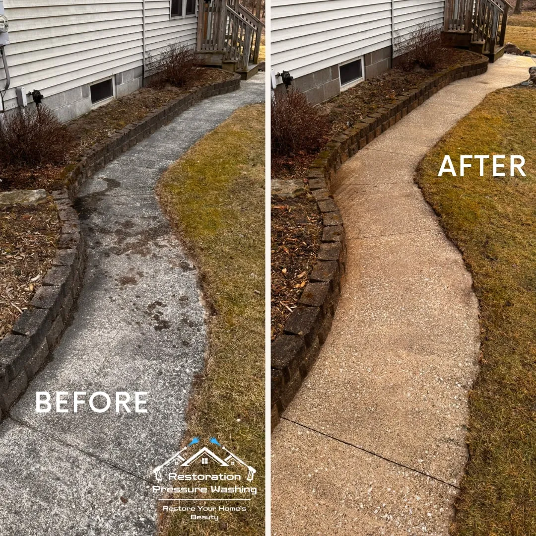 Curved concrete garden walkway before and after cleaning